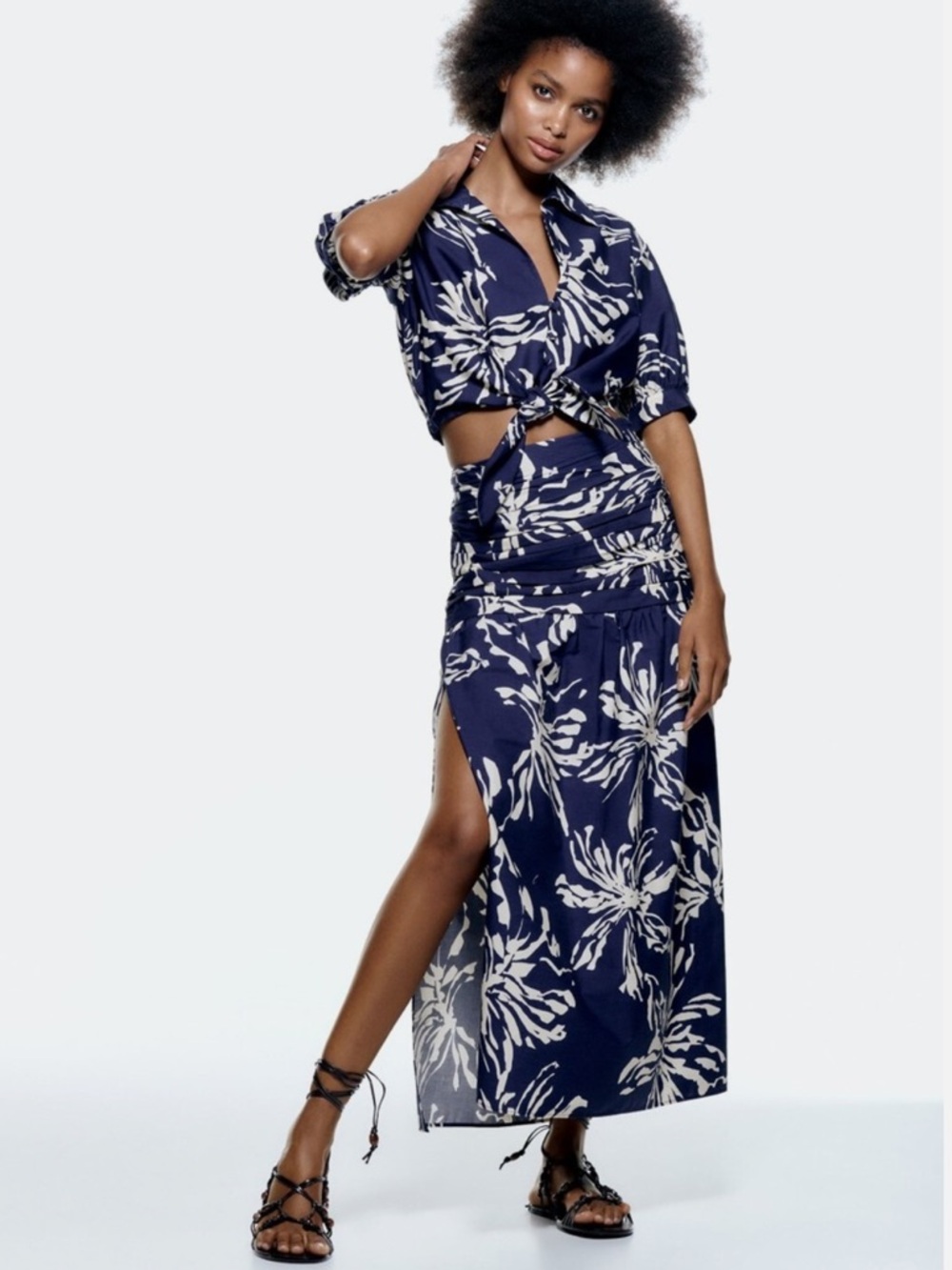 Zara Navy Blue Tropical Print Midi Skirt High Waist Resort Vacation Summer NWT